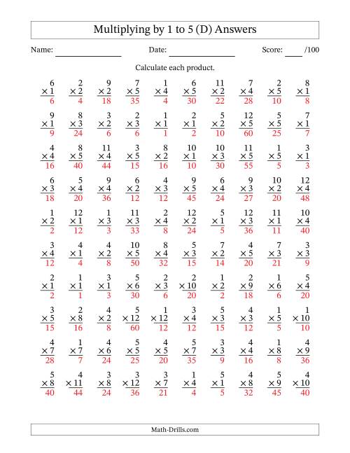 The Multiplying (1 to 12) by 1 to 5 (100 Questions) (D) Math Worksheet Page 2