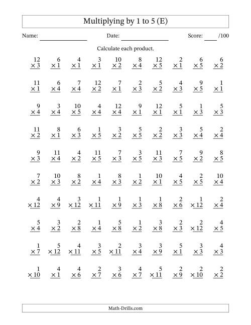 The Multiplying (1 to 12) by 1 to 5 (100 Questions) (E) Math Worksheet