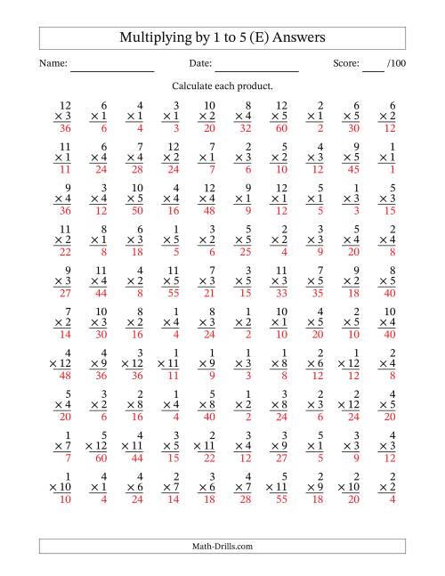 The Multiplying (1 to 12) by 1 to 5 (100 Questions) (E) Math Worksheet Page 2