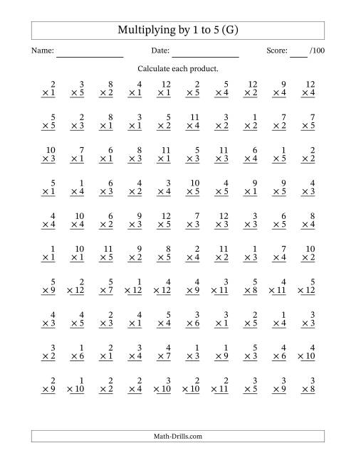 The Multiplying (1 to 12) by 1 to 5 (100 Questions) (G) Math Worksheet