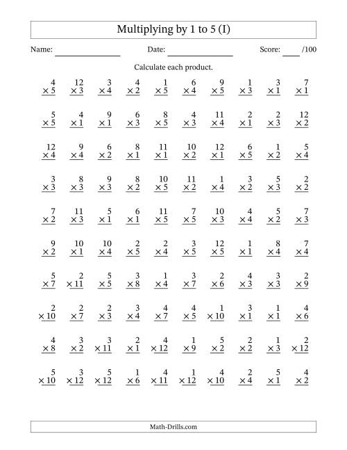 The Multiplying (1 to 12) by 1 to 5 (100 Questions) (I) Math Worksheet