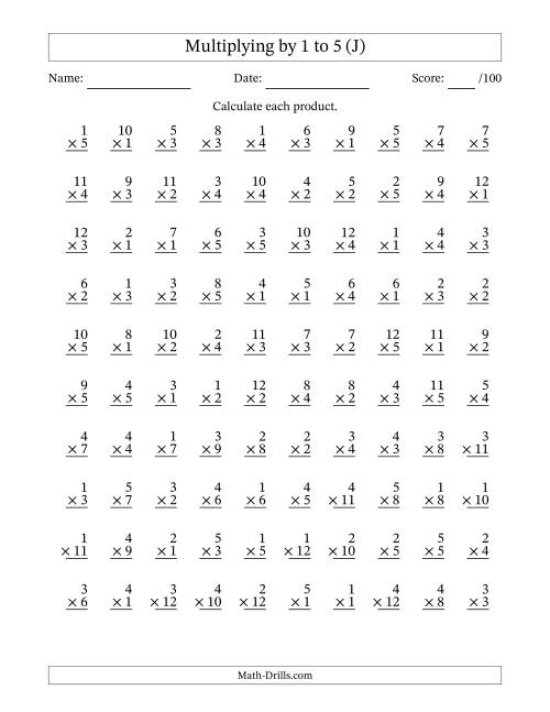 The Multiplying (1 to 12) by 1 to 5 (100 Questions) (J) Math Worksheet
