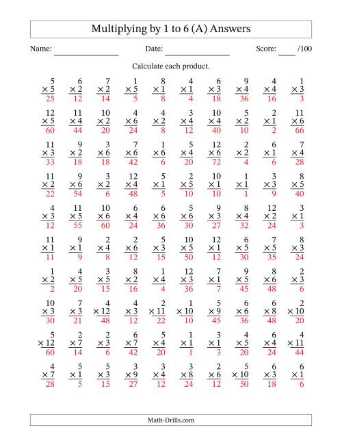 The Multiplying (1 to 12) by 1 to 6 (100 Questions) (A) Math Worksheet Page 2