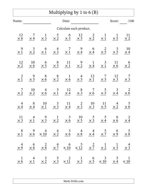 The Multiplying (1 to 12) by 1 to 6 (100 Questions) (B) Math Worksheet