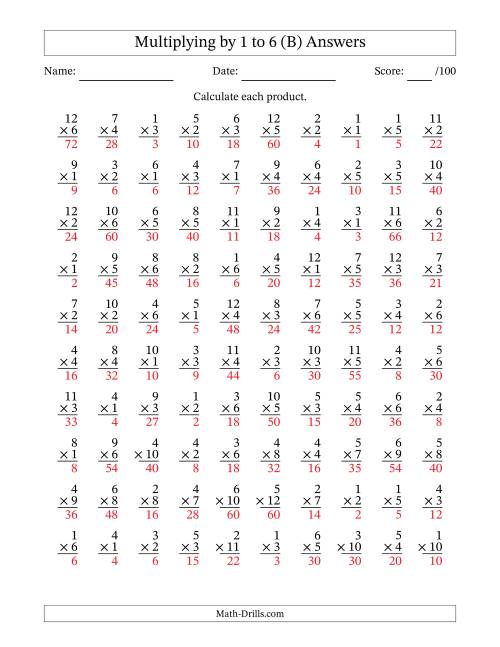 The Multiplying (1 to 12) by 1 to 6 (100 Questions) (B) Math Worksheet Page 2