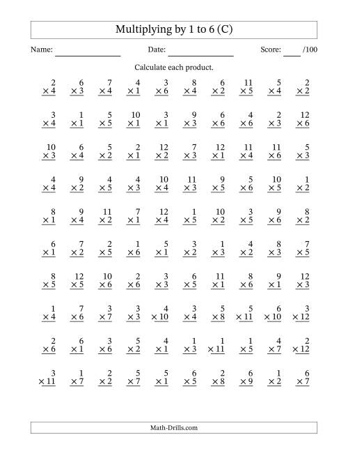 The Multiplying (1 to 12) by 1 to 6 (100 Questions) (C) Math Worksheet