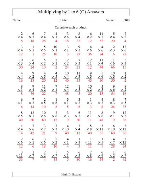 The Multiplying (1 to 12) by 1 to 6 (100 Questions) (C) Math Worksheet Page 2