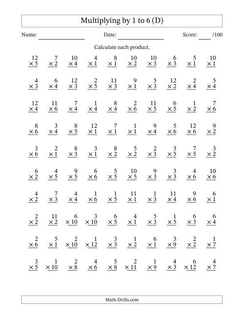 The Multiplying (1 to 12) by 1 to 6 (100 Questions) (D) Math Worksheet