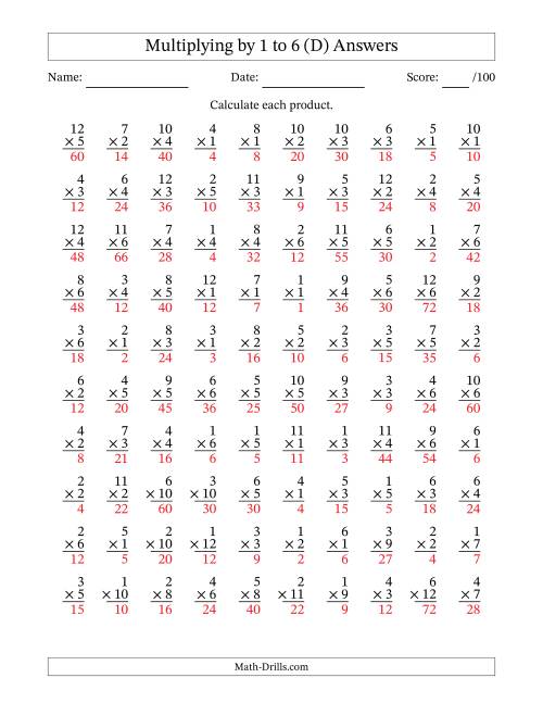 The Multiplying (1 to 12) by 1 to 6 (100 Questions) (D) Math Worksheet Page 2