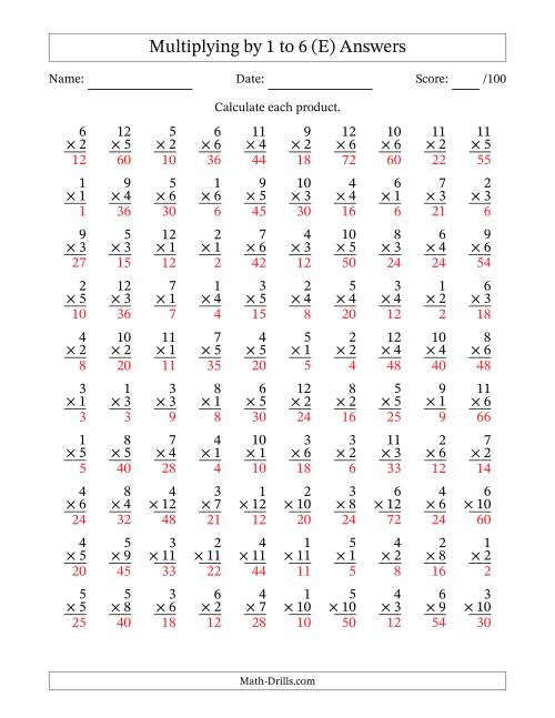 The Multiplying (1 to 12) by 1 to 6 (100 Questions) (E) Math Worksheet Page 2