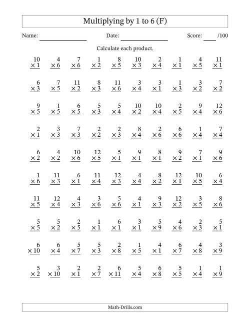 The Multiplying (1 to 12) by 1 to 6 (100 Questions) (F) Math Worksheet