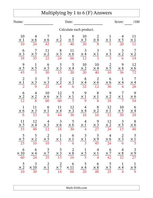 The Multiplying (1 to 12) by 1 to 6 (100 Questions) (F) Math Worksheet Page 2