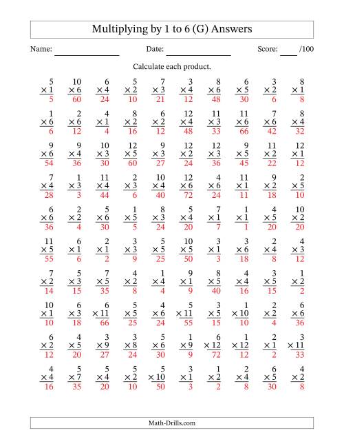 The Multiplying (1 to 12) by 1 to 6 (100 Questions) (G) Math Worksheet Page 2
