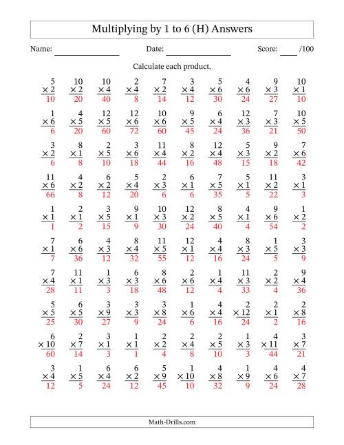The Multiplying (1 to 12) by 1 to 6 (100 Questions) (H) Math Worksheet Page 2