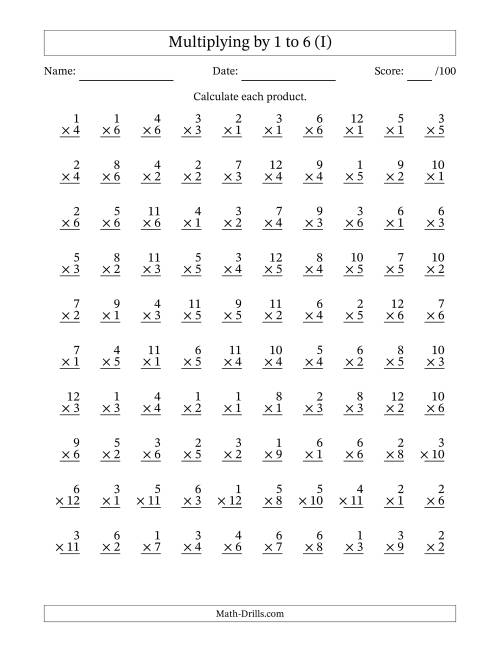 The Multiplying (1 to 12) by 1 to 6 (100 Questions) (I) Math Worksheet