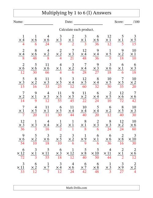The Multiplying (1 to 12) by 1 to 6 (100 Questions) (I) Math Worksheet Page 2