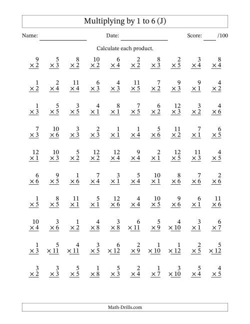 The Multiplying (1 to 12) by 1 to 6 (100 Questions) (J) Math Worksheet