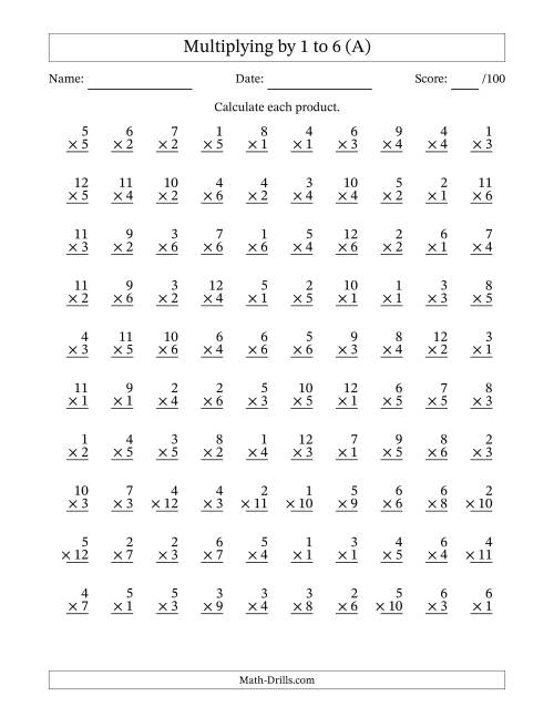 The Multiplying (1 to 12) by 1 to 6 (100 Questions) (All) Math Worksheet