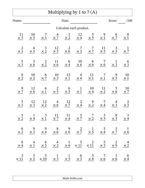The Multiplying (1 to 12) by 1 to 7 (100 Questions) (A) Math Worksheet