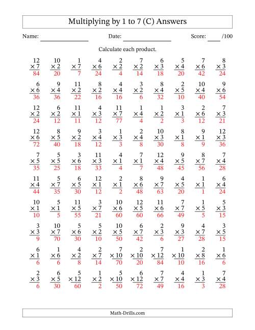 The Multiplying (1 to 12) by 1 to 7 (100 Questions) (C) Math Worksheet Page 2