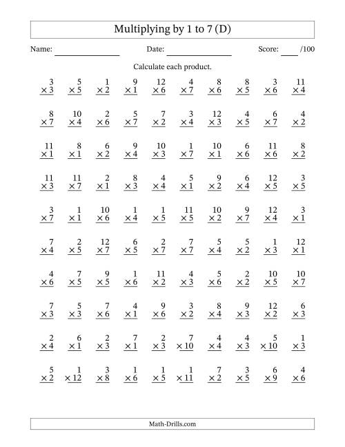 The Multiplying (1 to 12) by 1 to 7 (100 Questions) (D) Math Worksheet