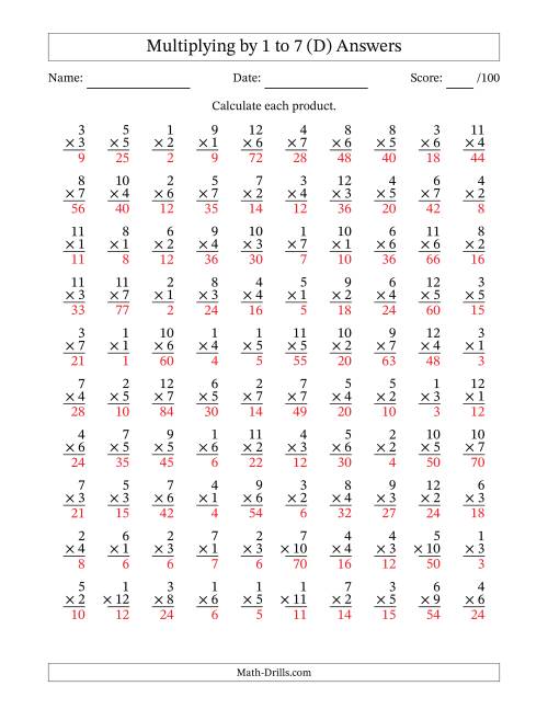The Multiplying (1 to 12) by 1 to 7 (100 Questions) (D) Math Worksheet Page 2