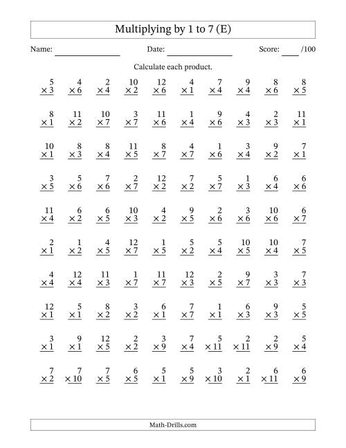 The Multiplying (1 to 12) by 1 to 7 (100 Questions) (E) Math Worksheet