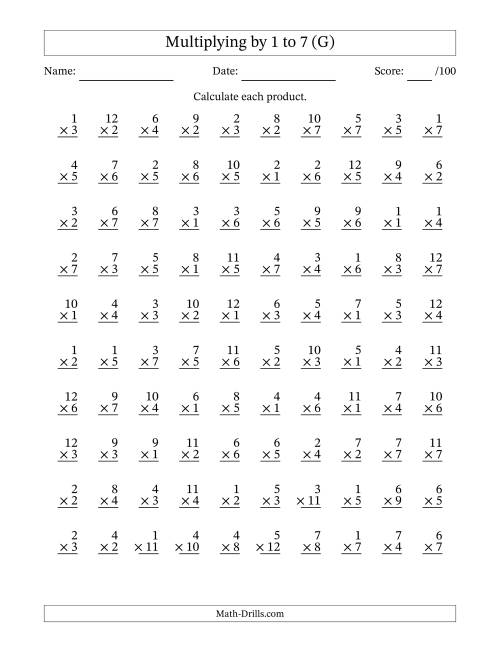 The Multiplying (1 to 12) by 1 to 7 (100 Questions) (G) Math Worksheet