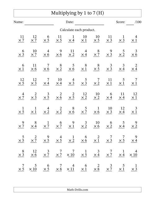 The Multiplying (1 to 12) by 1 to 7 (100 Questions) (H) Math Worksheet