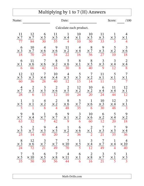 The Multiplying (1 to 12) by 1 to 7 (100 Questions) (H) Math Worksheet Page 2