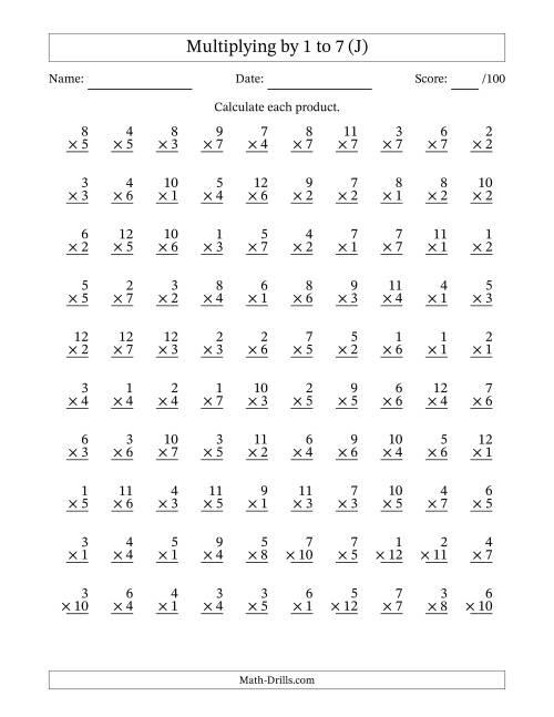 The Multiplying (1 to 12) by 1 to 7 (100 Questions) (J) Math Worksheet