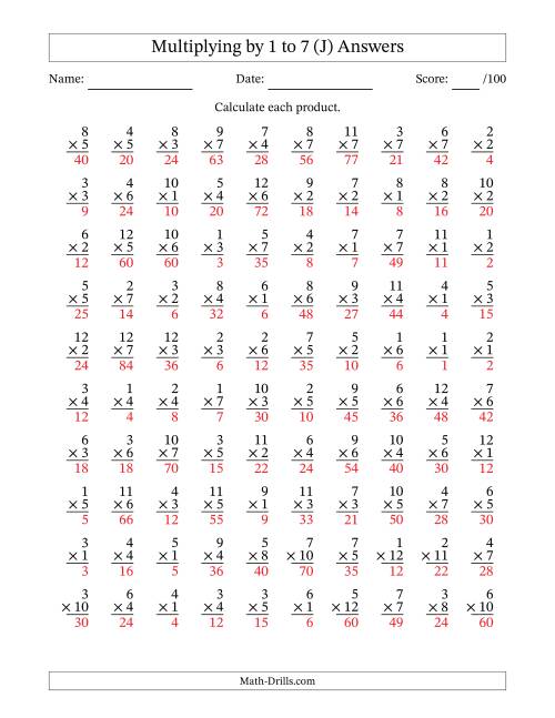 The Multiplying (1 to 12) by 1 to 7 (100 Questions) (J) Math Worksheet Page 2