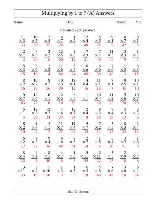 The Multiplying (1 to 12) by 1 to 7 (100 Questions) (All) Math Worksheet Page 2