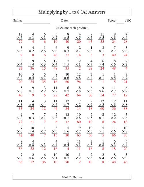 The Multiplying (1 to 12) by 1 to 8 (100 Questions) (A) Math Worksheet Page 2