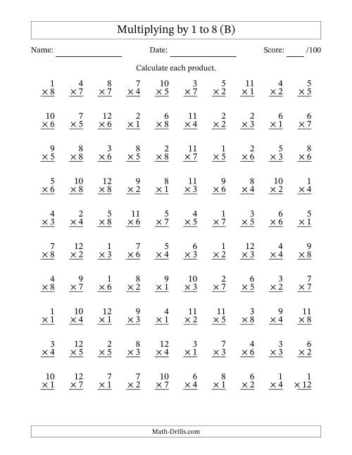 The Multiplying (1 to 12) by 1 to 8 (100 Questions) (B) Math Worksheet
