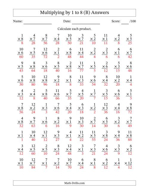 The Multiplying (1 to 12) by 1 to 8 (100 Questions) (B) Math Worksheet Page 2