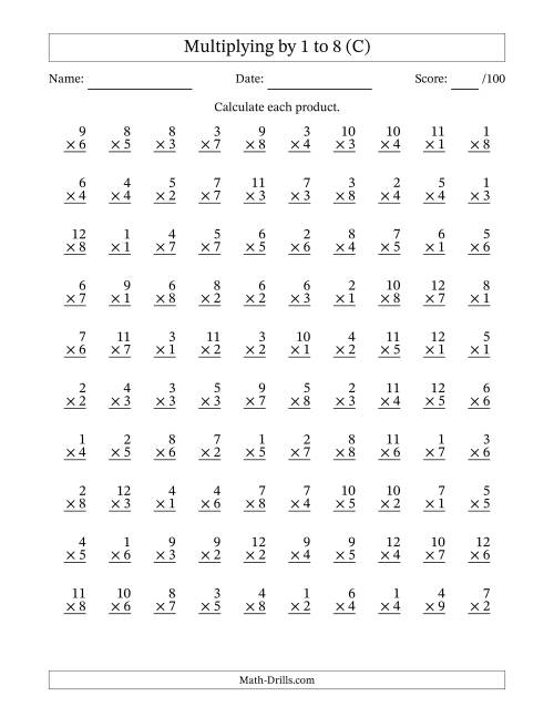 The Multiplying (1 to 12) by 1 to 8 (100 Questions) (C) Math Worksheet