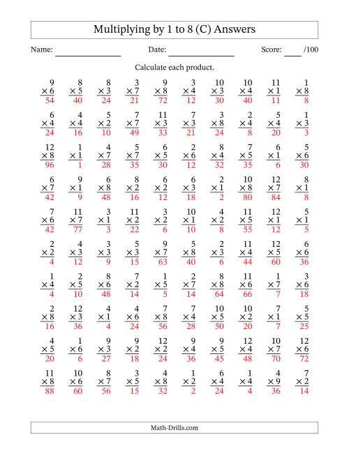 The Multiplying (1 to 12) by 1 to 8 (100 Questions) (C) Math Worksheet Page 2