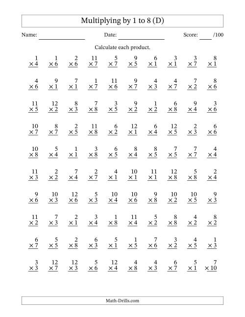 The Multiplying (1 to 12) by 1 to 8 (100 Questions) (D) Math Worksheet