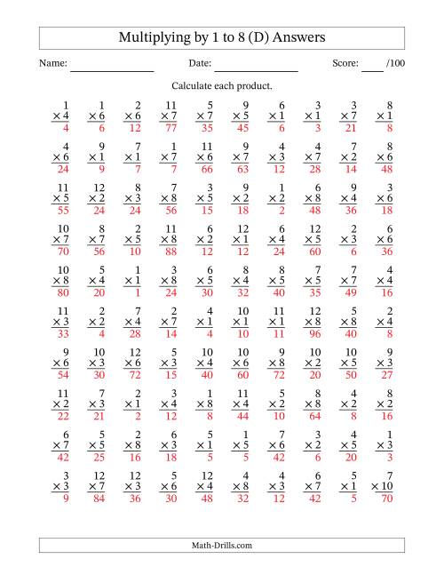 The Multiplying (1 to 12) by 1 to 8 (100 Questions) (D) Math Worksheet Page 2