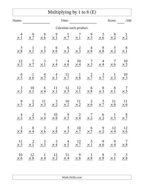 The Multiplying (1 to 12) by 1 to 8 (100 Questions) (E) Math Worksheet