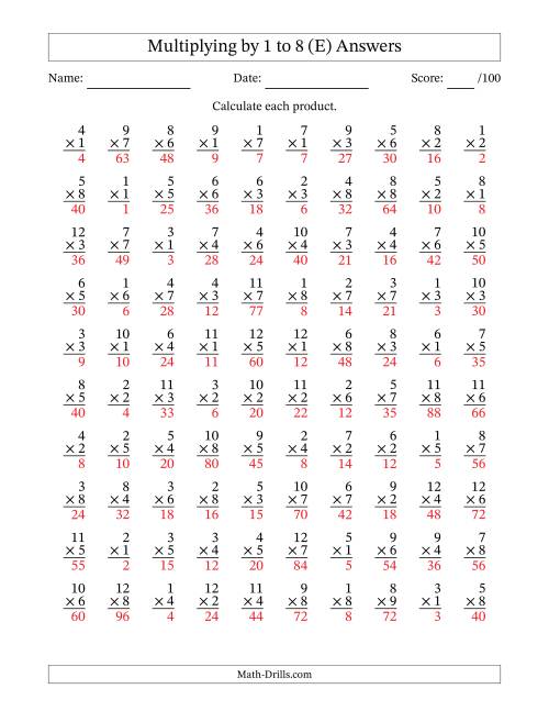 The Multiplying (1 to 12) by 1 to 8 (100 Questions) (E) Math Worksheet Page 2