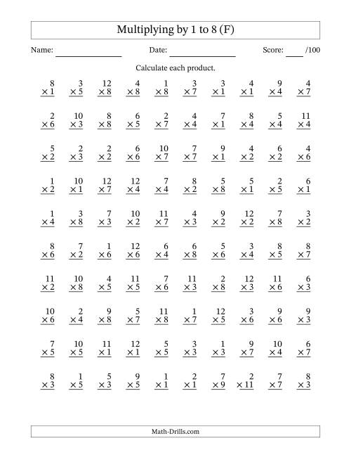 The Multiplying (1 to 12) by 1 to 8 (100 Questions) (F) Math Worksheet