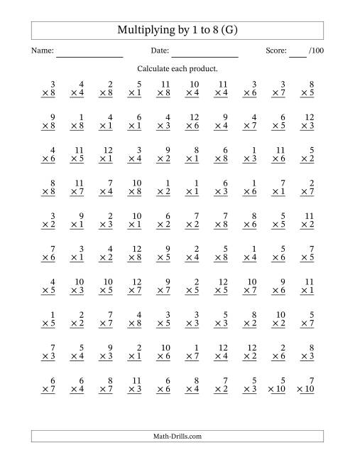 The Multiplying (1 to 12) by 1 to 8 (100 Questions) (G) Math Worksheet