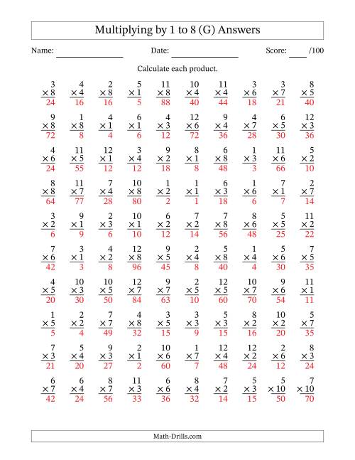 The Multiplying (1 to 12) by 1 to 8 (100 Questions) (G) Math Worksheet Page 2
