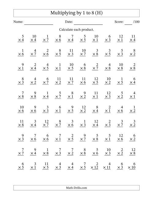 The Multiplying (1 to 12) by 1 to 8 (100 Questions) (H) Math Worksheet