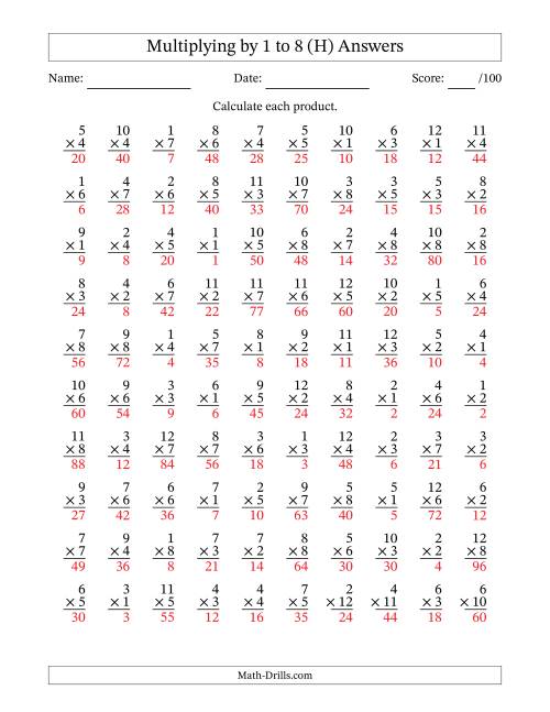 The Multiplying (1 to 12) by 1 to 8 (100 Questions) (H) Math Worksheet Page 2