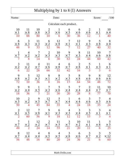 The Multiplying (1 to 12) by 1 to 8 (100 Questions) (I) Math Worksheet Page 2