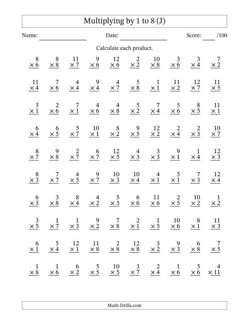 The Multiplying (1 to 12) by 1 to 8 (100 Questions) (J) Math Worksheet