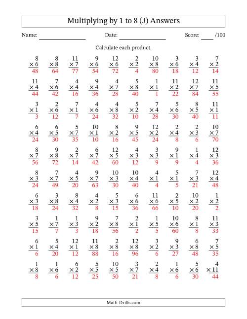 The Multiplying (1 to 12) by 1 to 8 (100 Questions) (J) Math Worksheet Page 2